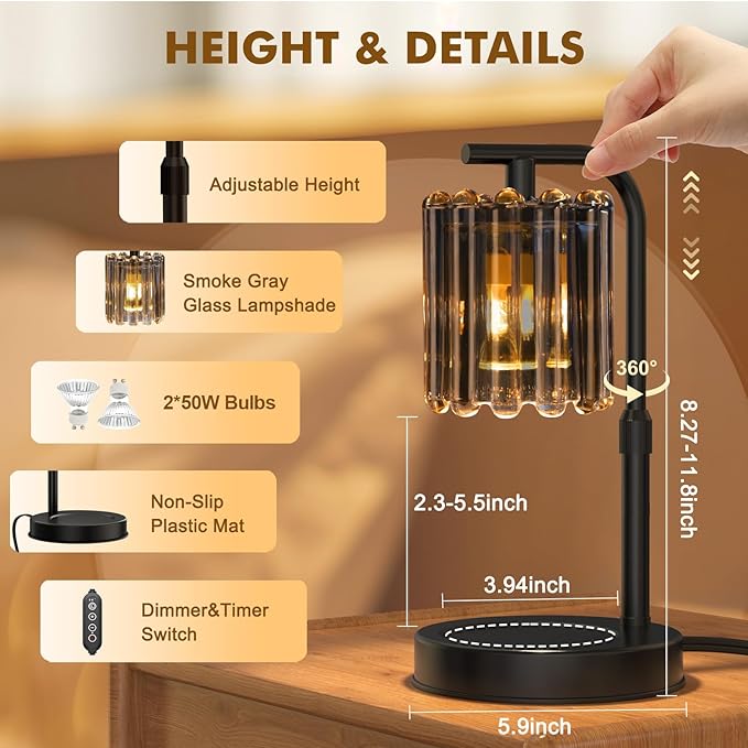 Uflatek Candle Warmer Lamp with Dimmable Timer, Electric Candle Lamp with Adjustable Height, Wax Melt Warmer for Jar Candles with 2 Bulbs, Vintage Home and Bedroom Decor, Housewarming Gift