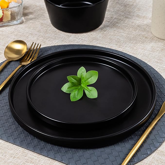 Dinnerware Sets for 4 - CJDC-QUELO 12-Piece Stoneware Plates and Bowls Sets, Ceramic Dishware Sets for Kitchen Use and Formal Dining, Chip and Scratch Resistant Microwave Dishwasher Safe, Black