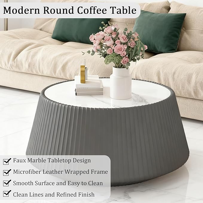 Grey Round Coffee Table with Sintered Stone Tabletop, 26.77" Drum Coffee Table with Fluted PU Leather Covered and Stable Base, Circle Cocktail Tea Table for Living Room