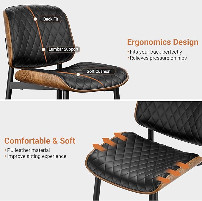 Dining Chairs Set of 4, FSC Certified Mid Century Modern Accent Dining Room and Kitchen Chairs, Upholstered PU Leather Diamond Check Chairs with Walnut Bentwood and Metal Legs, Black