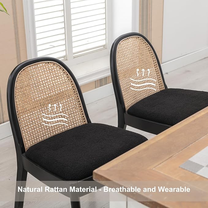 HEAH-YO Rattan Dining Chairs Set of 6, Upholstered Sherpa Dining Room Chairs with Backrests, Modern Kitchen Chairs with Wood Legs for Dining Room, Black