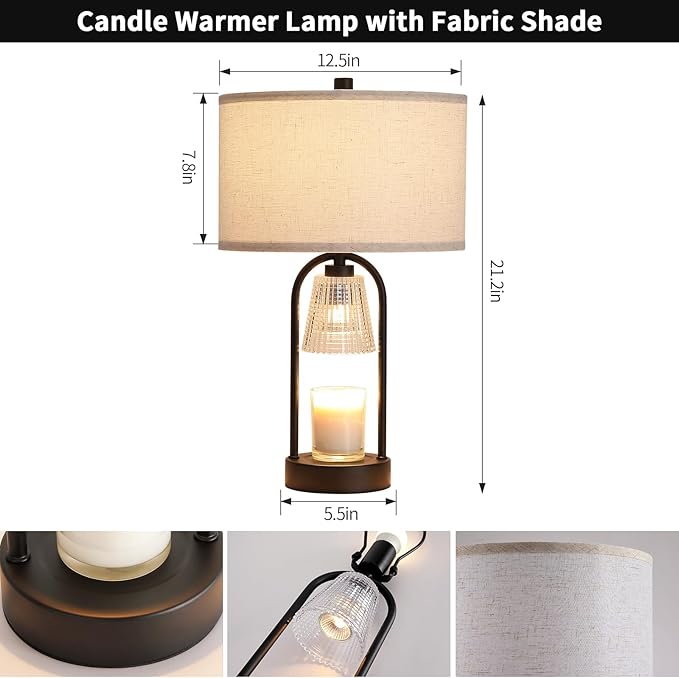 Plug in Black Candle Warmer Lamp with Timer Dimmable, Wax Melts Candle Warmer with Beige Fabric Shade Lamp, Christmas Birthday Gifts for Mom Women Sister, House Warming Gifts Include 3 Bulb