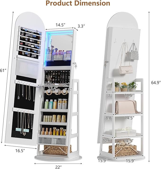 HWB Arched Mirror Jewelry Cabinet with Storage, LED Jewelry Armoire w/Full Length Mirror & 360° Swivel, Standing Jewelry Holder Organizer with Rear Storage Shelves & Hooks, Lockable - White