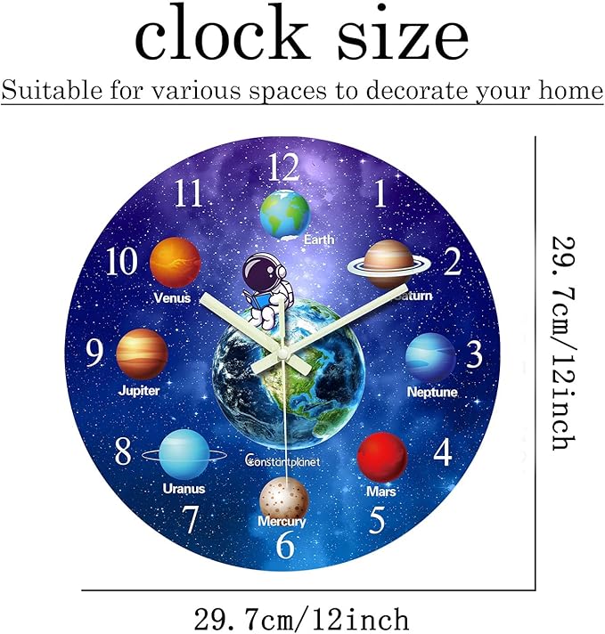 Blue Glow in The Dark Wall Clock for Bedroom Small Wall Clocks Battery Operated 12 Inch Silent Wall Clock for Teenager