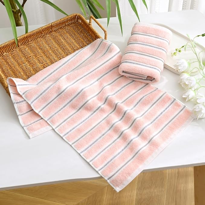 YiLUOMO Ribbed Striped Pink Hand Towel Set of 2 Cotton, Quick Dry, Soft and Absorbent Bathroom Hand Towel Decorative 13 x 29 Inch