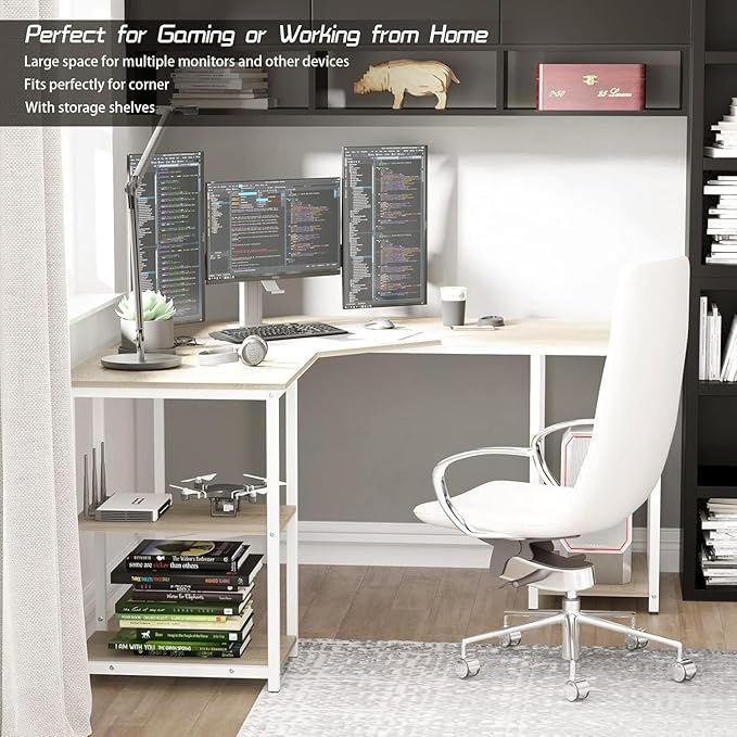 Elephance Large L-Shaped Computer Desk with Shelves, Corner Desk, Home Office Writing Workstation, Gaming Desk PC Latop Table with Storage