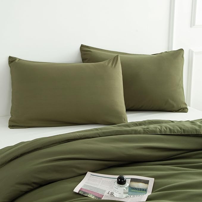 Green Full Comforter Set - 3 Pieces Army Green Bedding Comforter Set - Soft, Lightweight, Warm & Fluffy - 1 Comforter, 2 Pillowcases
