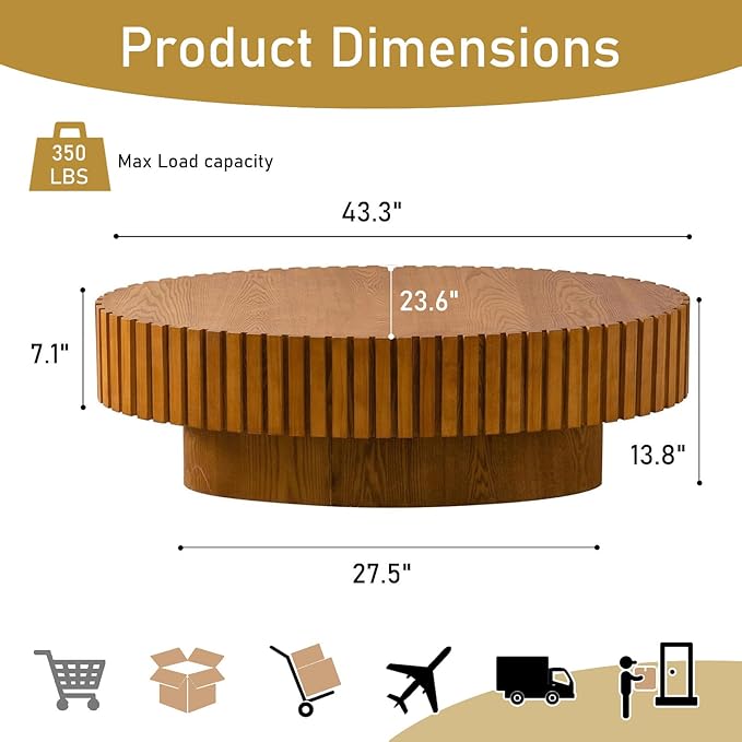 Oval Drum Coffee Table 43.3" Wooden Coffee Tables Handcrafted Fluted Drum Coffee Table Mid Century Modern Luxury Center Table Vintage Farmhouse Center Table for Living Room (Oval Wood)