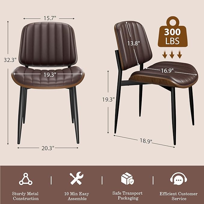 Dining Chairs Set of 2, Mid-Century Modern Upholstered PU Leather Chairs with Walnut Bentwood Back and Metal Legs Adjustable Feet for Kitchen Dining Living Room, Dark Brown Vertical Stripes