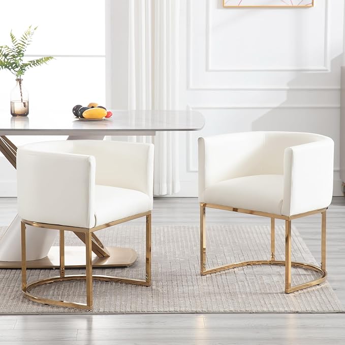 Faux Leather Dining Chairs Set of 3 Modern Barrel Armchairs with Golden Metal Frame, Upholstered Kitchen Chairs 18.5" Wide Accent Chairs for Living Dining Restaurant, White