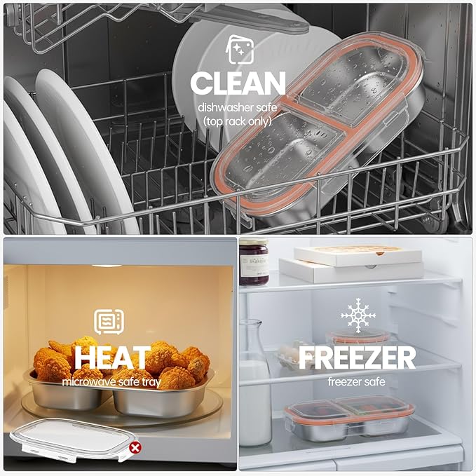 Snackle Box Container,Dishwasher,Reusable Snack Containers With Lids,2 Compartment Stainless Steel Snack Containers,Fruits, Snacks,Nuts,Salad,travel,800ML,White&Orange,1 Pack