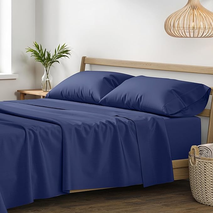 XOOX Linen 100% Egyptian Cotton Sheets Queen Size - 1200 Thread Count Queen Size Sheets Set Egyptian Cotton, 4 PC Luxury Bedsheet (Navy Blue), Soft, Cooling, 17" Deep Pocket Sateen Weave Bedsheet Set