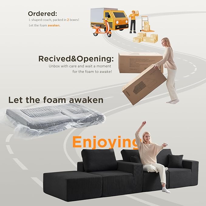 INGEROOM 108" Cloud Sectional Couch with Chaise, Modular L-Shaped Sofa Deep Seat Comfy Corduroy Memory Foam Couch for Living Room Bedroom, No Assembly Required, Black