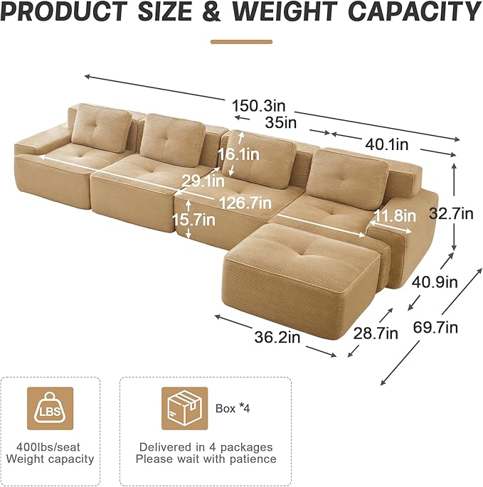 150" Modern Corduroy Cloud Sofa with Ottoman, L Shaped Boneless Modular Large Sectional Couches for Living Room, Camel 4 Seater Compressed Memory Foam Couch, Extra Deep Seat, No Assembly
