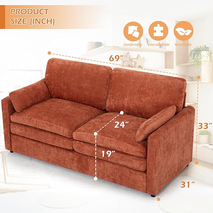 3 Pieces Chenille Sofa Set w/Arm Pillows, Upholstered 2 Pieces Loveseat & 3 Seater Sofa w/Comfortable Back Cushions, Modern 2-Seat & 3-Seat w/High-Density Foam for Living Room, Orange