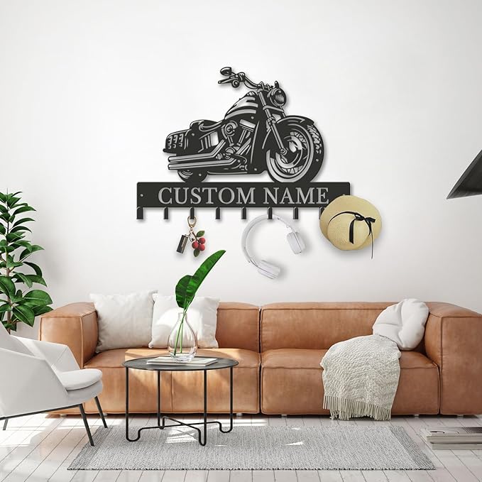 Personalized Motorcycle Metal Key Holder, Custom Last Name Metal Wall Sign, Hanging Storage Rack for Garage and Home Decor (Style-1)