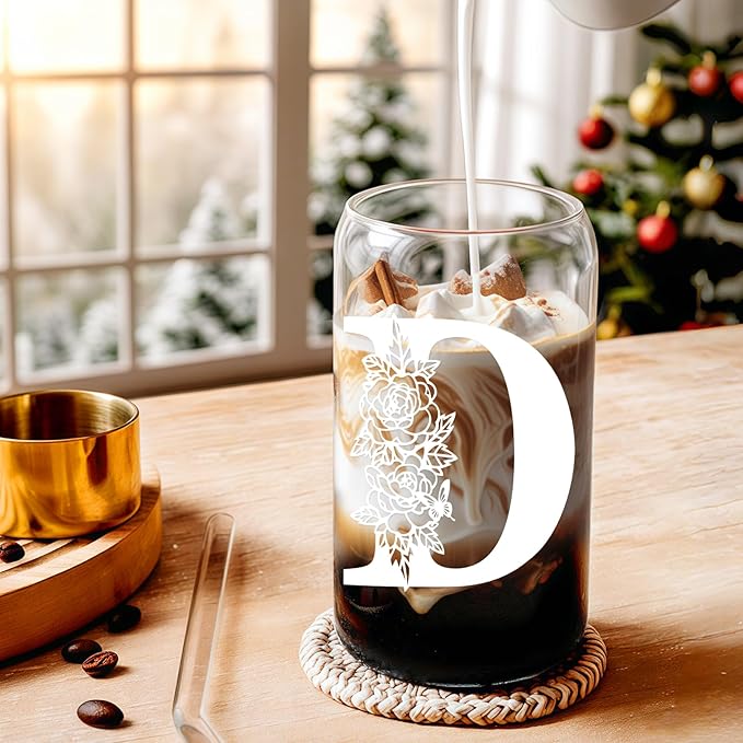 Christmas Gifts for Women: Initial Glass Cup as Office Graduation Memorial Holiday Personalized Gifts - for Mom Grandma Wife Girlfriend Sister Daughter Friend Christmas Gifts - D Aesthetic Cup