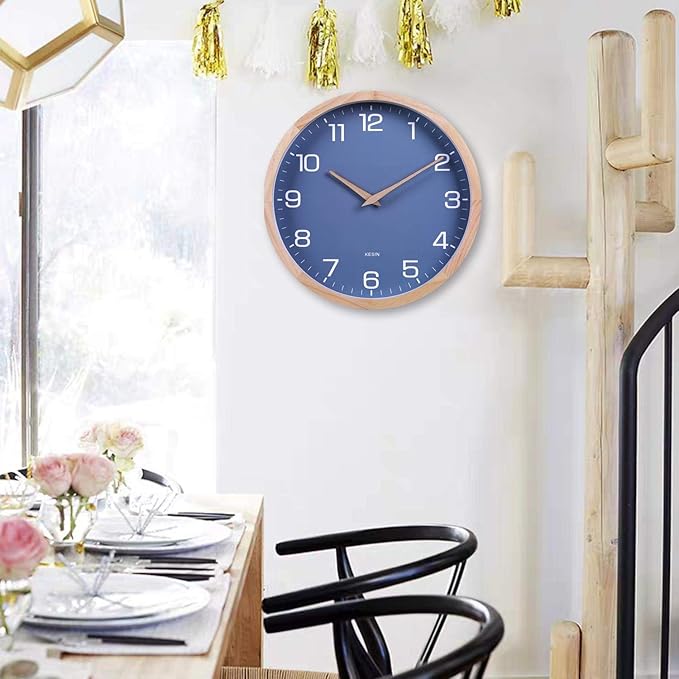 Kesin Wall Clock 12 Inch Silent Non Ticking Wood Wall Clocks Battery Operated - Wooden Blue Modern Simple Clock Decorative for Kitchen,Living Room,Bedroom,Kid’s Room