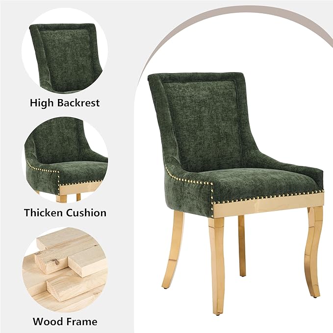 Luxury Fabirc Upholstered Dining Chairs Set of 6,Neutral Chenille Kitchen Room Chair with Nailhead Trim,6 Piece Modern Side Chairs for Dining Room,Living Room,Bar (Olive Green-Gold, Set of 6)