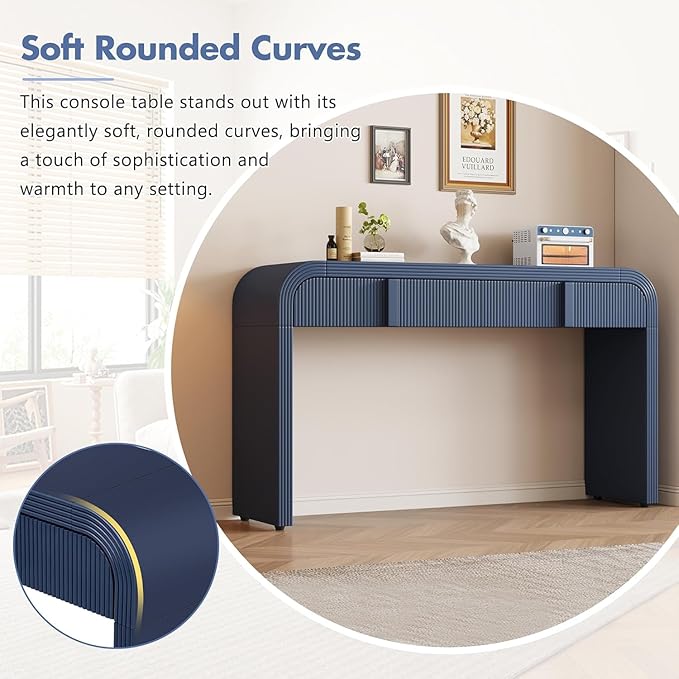 55'' Fluted Console Table with Storage Drawers, Wood Modern Curved Entryway Table with Storage for EntryWay, Hallway, Foyer (Navy Blue)