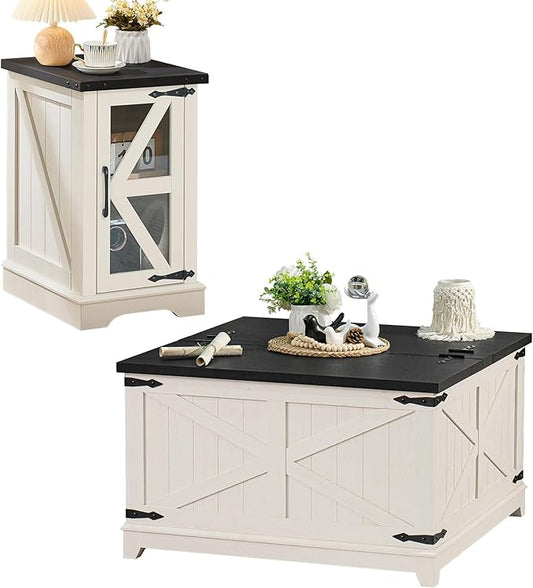 Farmhouse Coffee Table Sets 2 Pieces, Narrow Night Stand with Glass Barn Door Storage, Large Coffee Tables with Hidden Storage Organizer, Wood Furniture Sets for Living Room, Office, White