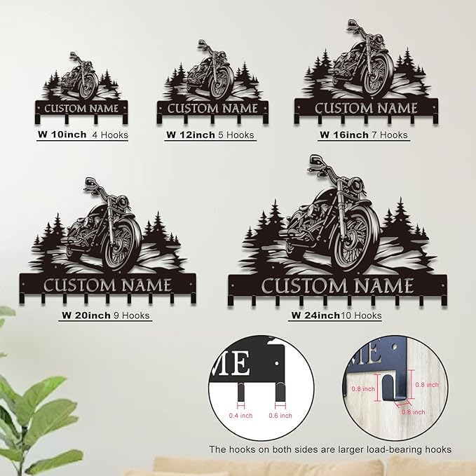 Personalized Motorcycle Metal Key Holder, Custom Last Name Metal Wall Sign, Hanging Storage Rack for Garage and Home Decor (Style-2)