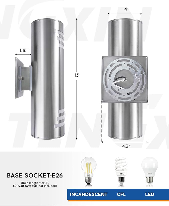 TENGXIN Dusk to Dawn Outdoor Wall Lights,Exterior Wall Light Fixture with Stainless Steel Cylinder,Sensor Lights for Outside,Waterproof.