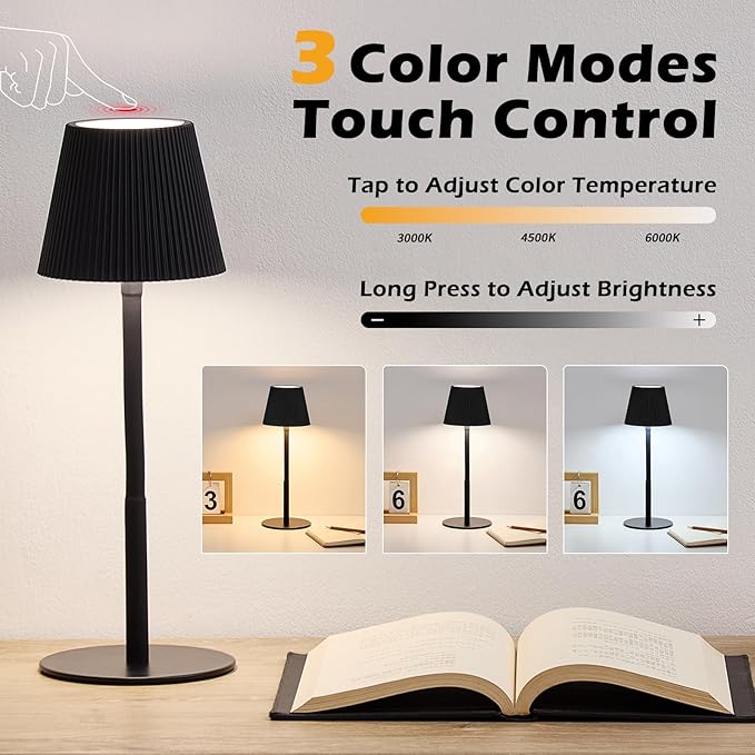 Cordless Table Lamp DIY, 2500mAh Rechargeable & Flexible Desk Lamp, Stepless Dimming Modern Bedside Lamps with 3-Color LED Touch Control, Minimalist Nightstand Lamps for Decor & Gifts (Black)