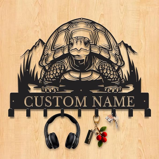 Custom Tortoise Metal Key Holder for Wall, Personalized Family Name Metal Sign with Hooks, Entryway Coat Rack and Organizer for Keys, Leashes, Hats (Style-3)