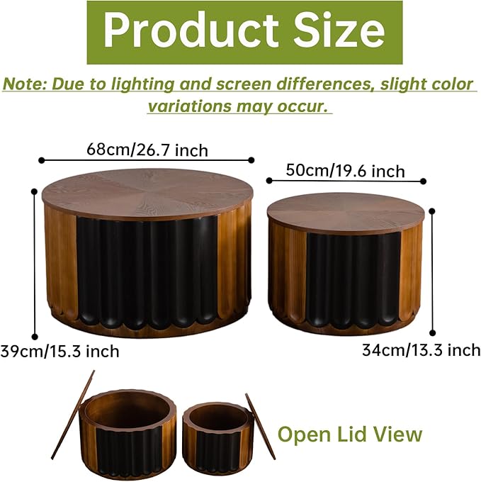 Round Nesting Coffee Table Set of 2, Round Fluted Coffee Tables with Storage for Living Room Modern Nesting End Side Tables for Small Spaces (A Storage Light Brown)