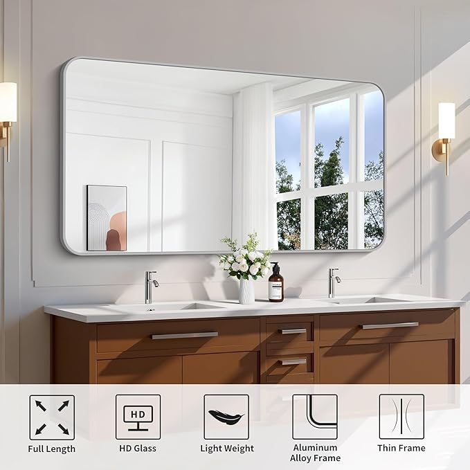 FORBATH 55x36 Inch Silver Bathroom Mirror for Over Sink, Large Rectangular Wall Mirror with Metal Frame, Rounded Corners for Bathroom, Bedroom, Entryway Decor (Horizontal or Vertical)