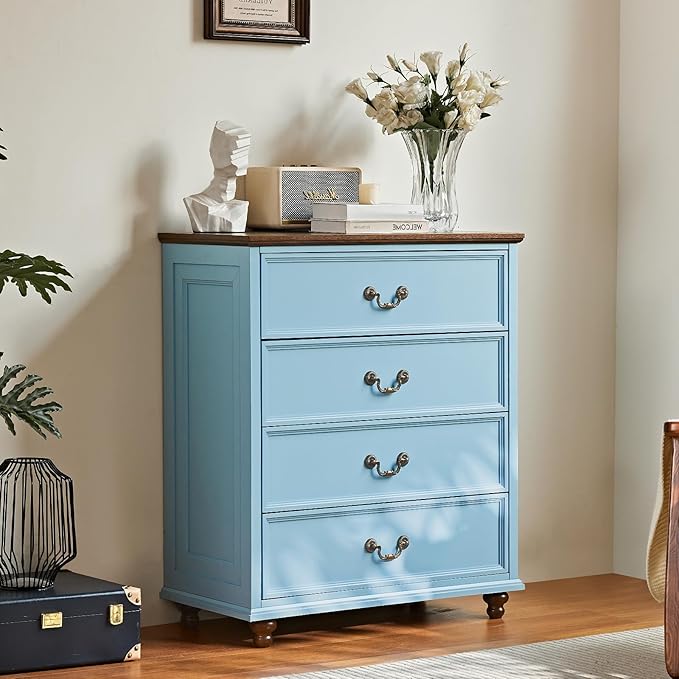 24" Wide Farmhouse Nightstand Set of 2, 54" 7 Drawers Dresser, 37" Tall Rustic Chests of Drawers w/ 4 Solid Wood Feet, Farmhouse Furniture Series for Living Room,Bedroom,LightBlue
