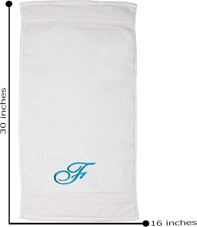 White Monogrammed Hand Towels for Bathroom - Luxury Hotel Quality Personalized Initial Embroidered Towel for Powder Room, Spa - GOTS Organic Certified - Pack of 2 Teal, Letter F