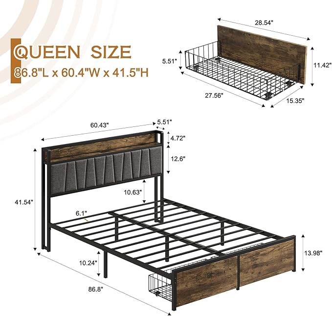 Queen Bed Frame with Storage Drawers and Charging Station, Upholstered Headboard Metal Platform Bed with USB Ports, No Box Spring Needed, Easy Assembly, Dark Brown