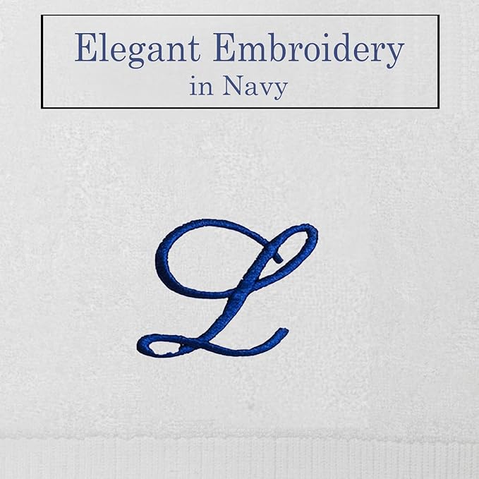 White Monogrammed Hand Towels for Bathroom - Luxury Hotel Quality Personalized Initial Embroidered Towel for Powder Room, Spa - GOTS Organic Certified - Set of 2 Navy Letter L