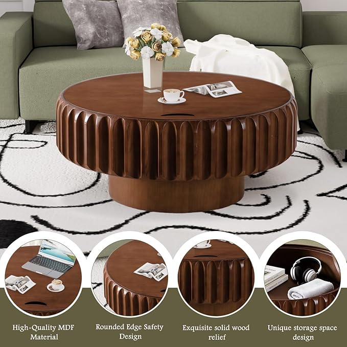 Round Coffee Table with Hidden Storage, Modern Circle Coffee Tables Handcraft Fluted Drum Coffee Table with Solid Wood Relief, Mid Century Center Table for Living Room Apartment (Walnut 31.5 Inch)