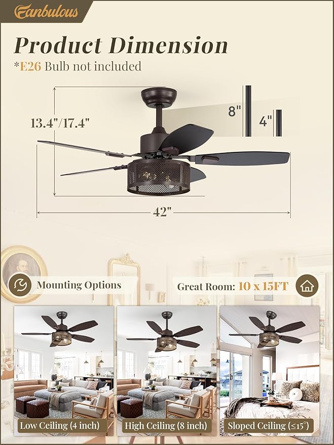 Farmhouse Oil Bronze Ceiling Fans with Lights and Remote, 42 Inch Bedroom Caged Ceiling Fans for Living Room Kitchen，6 Speed Reversible Quiet DC Motor, Dual Finish 5 Blades