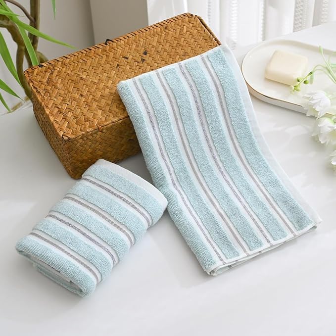 YiLUOMO Green Ribbed Striped Hand Towel Set of 2 Soft and Absorbent Cotton Bathroom Hand Towel Spring Decorative 13 x 29 Inch
