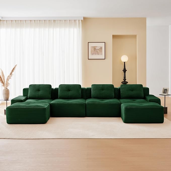 150.4'' Sectional Sofa, 32D Foam Corduroy Boneless Couch with Pillow, Deep Seat Wide Arm Sectional U Shaped Couch for Living Room, Apartment, Bedroom