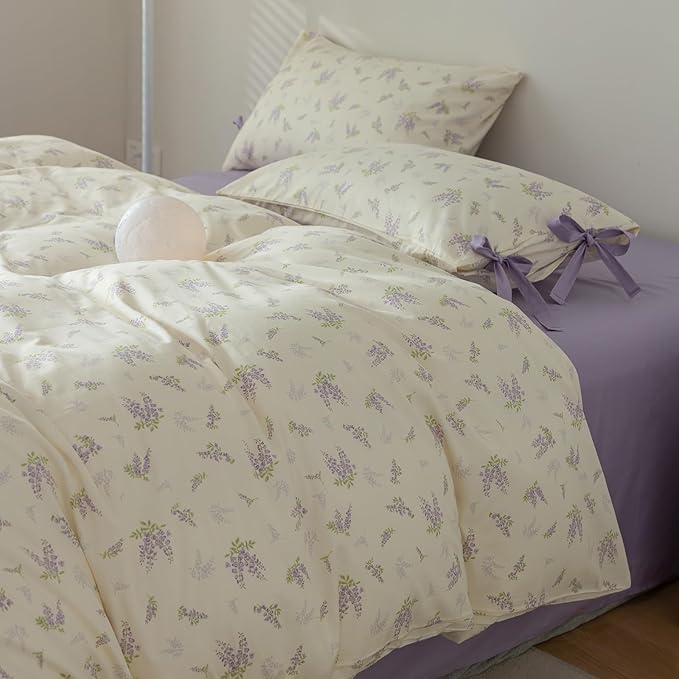 Purple Flower Duvet Cover Full 3 Pieces Girls Cottagecore Bedding Set 100% Cotton Lavender Flower Comforter Cover Floral Botanical Duvet Cover with Zipper Closure Vintage Country Bedding Set Full