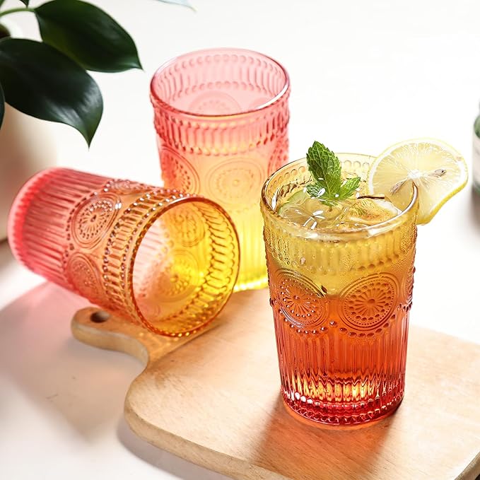 6pcs Vintage Drinking Glasses Set, 12 oz Glass Cups, Embossed Ribbed Christmas Glassware Water Tumblers for Cocktail, Water, Juice, Milk, Whiskey