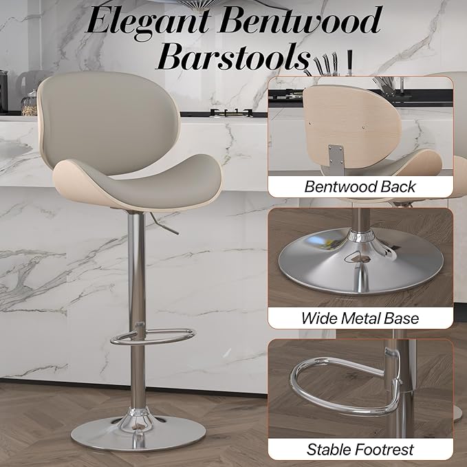 Adjustable Swivel Bar Stools 1 PC, Modern Bentwood Barstool with Large Metal Base and Footrest, PU Leather Upholstered Bar Chair with Curved Back for Kitchen Island Dining Room, Gray