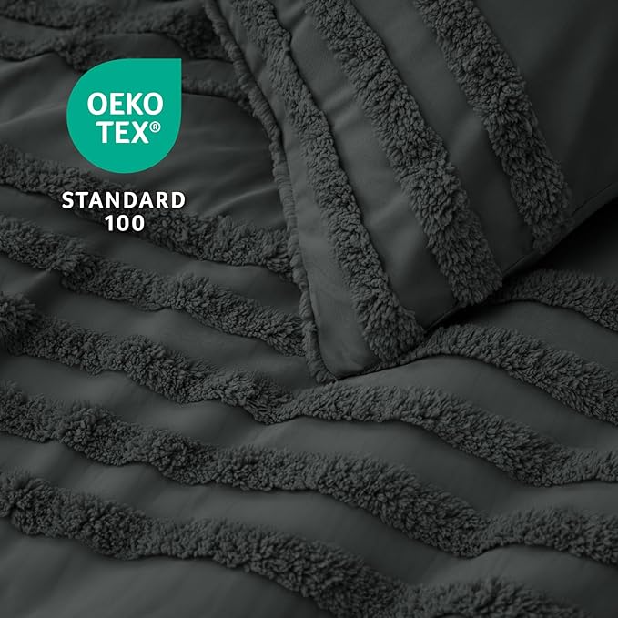 BEDELITE Boho Twin/Twin XL Comforter Set，Dark Grey Tufted Striped Bed Set 2 Pieces, Soft Vintage Farmhouse Comforter for College, Boho Home Dorm Decor, Fluffy Jacquard Bedding with 1 Pillow Sham