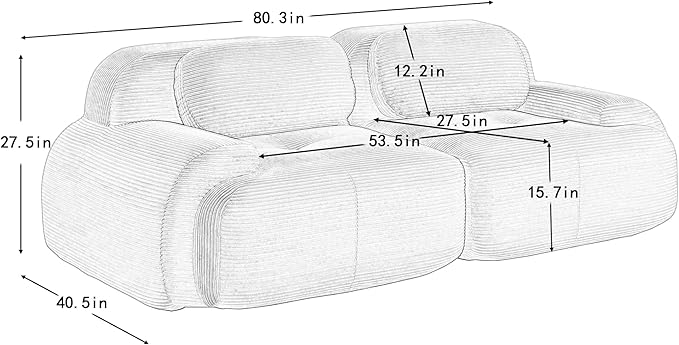 80" Modern Corduroy Boneless Love Seat Couches, 2 Seater Large Sectional Couches for Living Room, Green Cloud Modular Sectional Sofa, Memory Foam, Extra Deep Loveseat, No Assembly