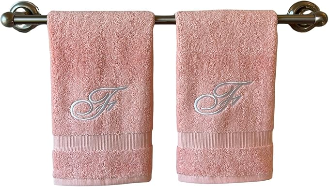 Pink Monogrammed Hand Towels for Bathroom - Luxury Hotel Quality Personalized Initial Embroidered Towel for Powder Room, Spa - GOTS Organic Certified - Set of 2 White Letter F