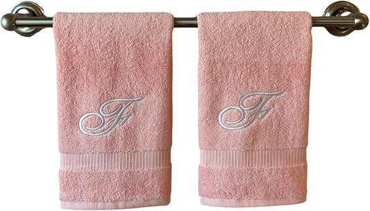 Pink Monogrammed Hand Towels for Bathroom - Luxury Hotel Quality Personalized Initial Embroidered Towel for Powder Room, Spa - GOTS Organic Certified - Set of 2 White Letter F
