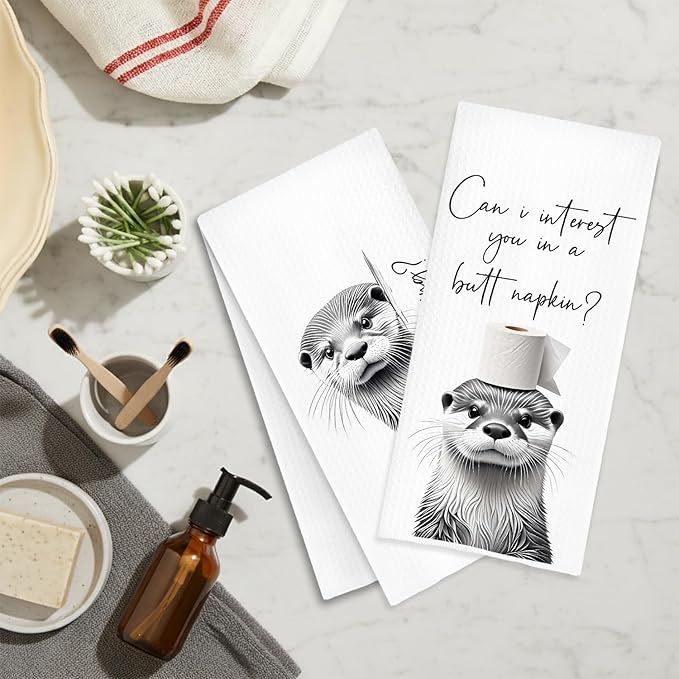 Funny Sea Otter Hand Towels, Otter Bathroom Decor, are You Pooping Coastal Beach Otters Decorative Hand Towels for Bathroom Washroom Restroom Toilet, 16x24 Inch Set of 2