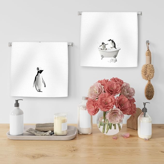 Funny Penguin Hand Towels Set of 2, Funny Penguins Take a Bath Hand Towels for Bathroom Washroom Restroom, Penguin Decor Gifts for Kids, Cute Penguins Kids Nursey Bathroom Decor, 16x24In