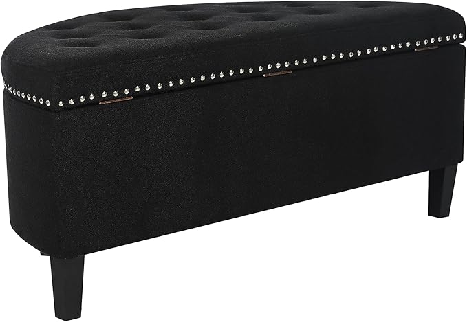 Homebeez 43" Half Moon Storage Ottoman Bench, Grainy Linen Fabric End of Bed Storage Chest with Nailhead Trim for Entryway Living Room,Dark Black