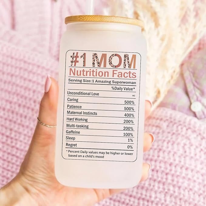 Best Mom Gift for Mother from Daughter Son, Gifts for Mom Iced Coffee Cup, Unique Mom Birthday Gifts, Thank You Mom Gift Ideas for Mother, 16oz Glass Cup with Lid and Straw